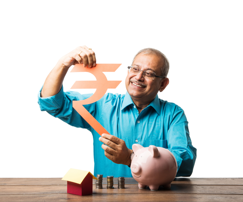 senior-indian-asian-man-savings-concept-with-piggy-bank-currency-notes-3d-house-model-money-fan-pile-coins-sitting-table 2